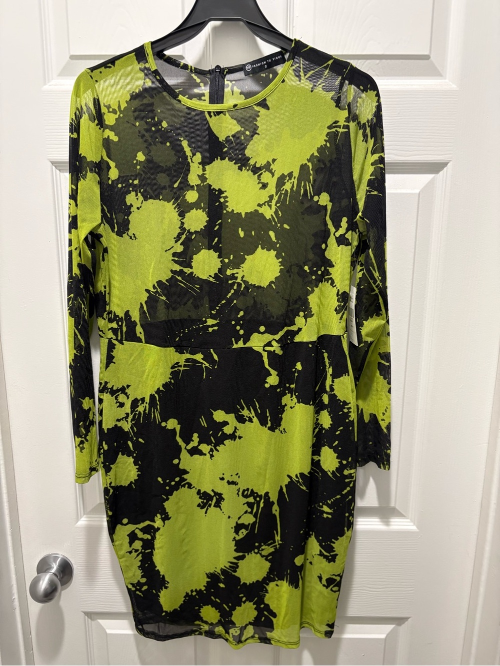 Fashion to Figure Green & Black Splash-Print Long Sleeve Sheer Dress